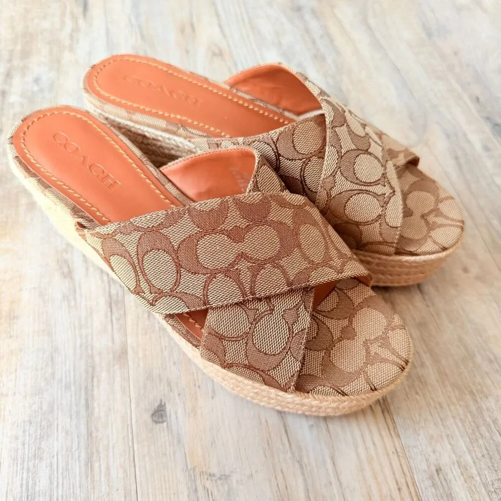 Coach Signature Espadrille Wedge Sandals Brown Tan Y2K Size 10B Vintage